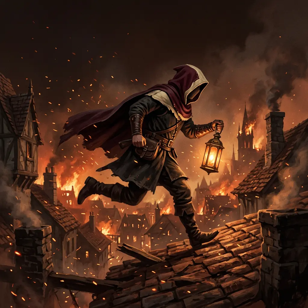 A hooded courier carrying a glowing lantern runs across the rooftops of a burning city at night