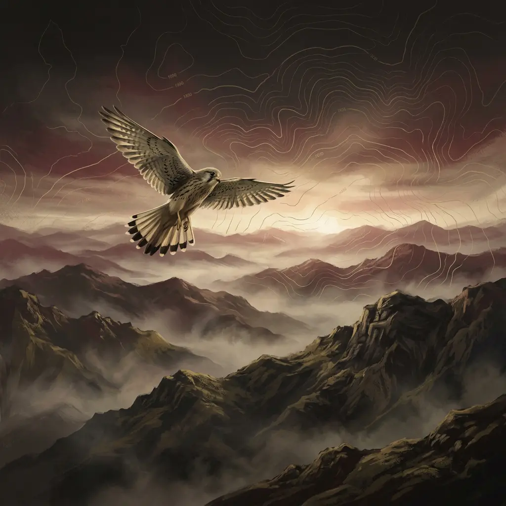 A kestrel hovering above misty mountain ridges at dawn with faint contour lines across the sky