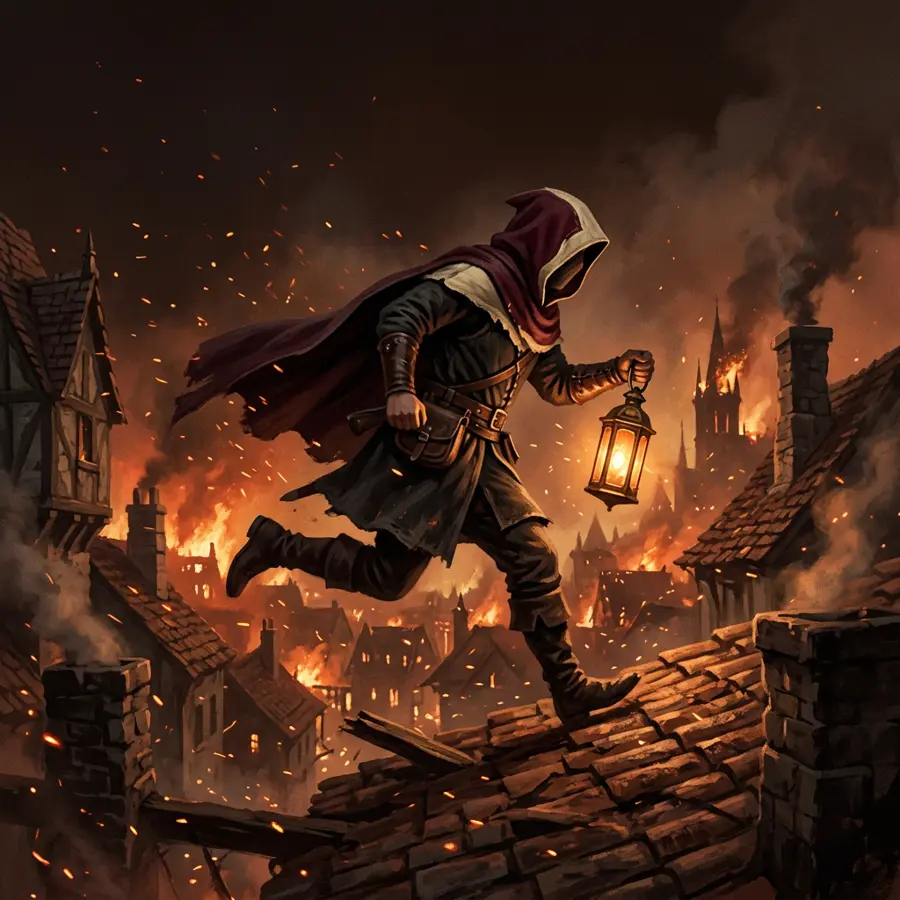 A hooded courier carrying a glowing lantern runs across the rooftops of a burning city at night