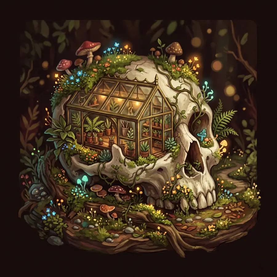 A tiny glowing greenhouse built inside a moss-covered skull surrounded by mushrooms and flowers