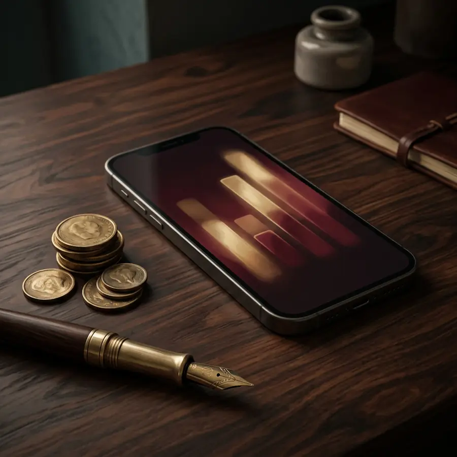 A smartphone on a walnut desk next to brass coins and a fountain pen, showing an abstract budget chart